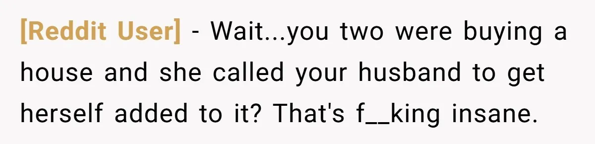 [Reddit User] − Wait...you two were buying a house and she called your husband to get herself added to it? That's f__king insane.