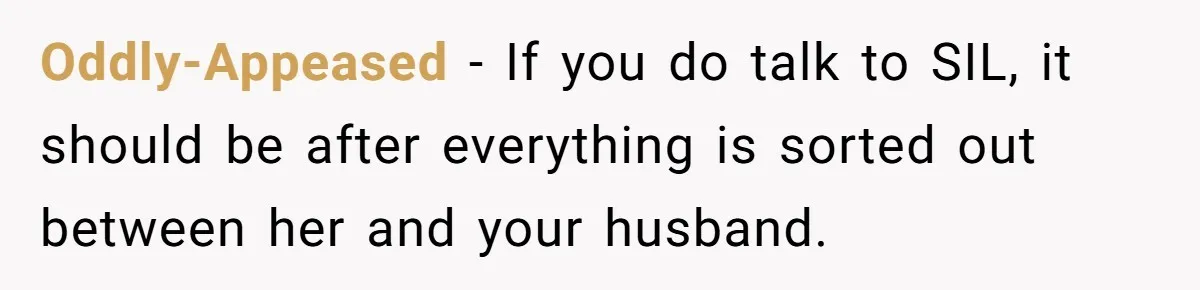 Oddly-Appeased − If you do talk to SIL, it should be after everything is sorted out between her and your husband.