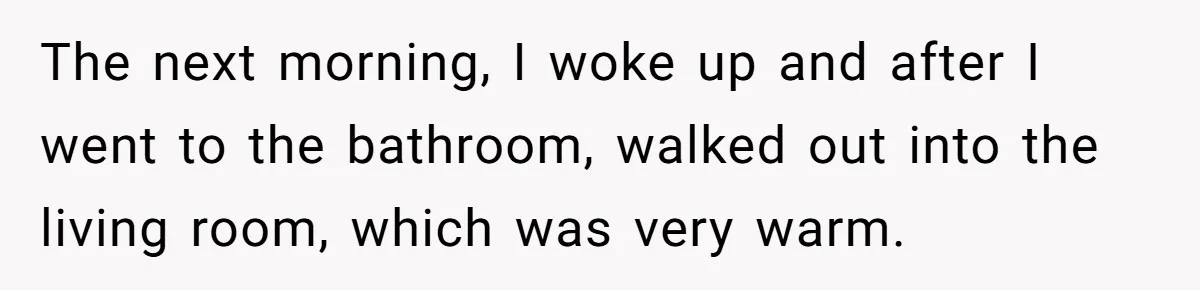 The next morning, I woke up and after I went to the bathroom, walked out into the living room, which was very warm.