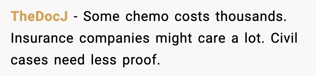 TheDocJ - Some chemo costs thousands. Insurance companies might care a lot. Civil cases need less proof.
