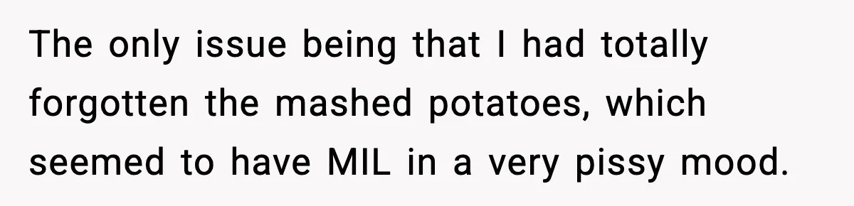 The only issue being that I had totally forgotten the mashed potatoes, which seemed to have MIL in a very pissy mood.