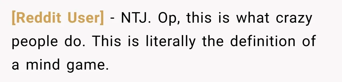 [Reddit User] − NTJ. Op, this is what crazy people do. This is literally the definition of a mind game.
