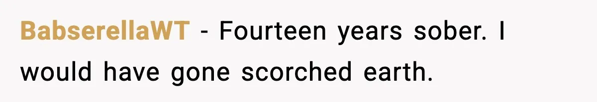 BabserellaWT - Fourteen years sober. I would have gone scorched earth.
