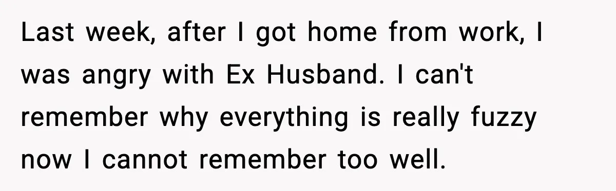 Last week, after I got home from work, I was angry with Ex Husband. I can't remember why everything is really fuzzy now I cannot remember too well.