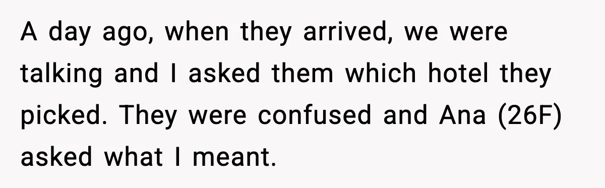 Woman Refuses to Host Friends for Two Weeks and Won’t Pay for Their Hotel A day ago, when they arrived, we were talking and I asked them which hotel they picked. They were confused and Ana (26F) asked what I meant.