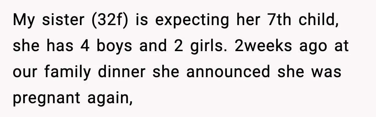 Teen Refuses to Babysit After Sister Announces Seventh Pregnancy My sister (32f) is expecting her 7th child, she has 4 boys and 2 girls. 2weeks ago at our family dinner she announced she was pregnant again,