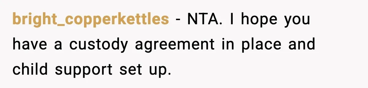 bright_copperkettles − NTA. I hope you have a custody agreement in place and child support set up.