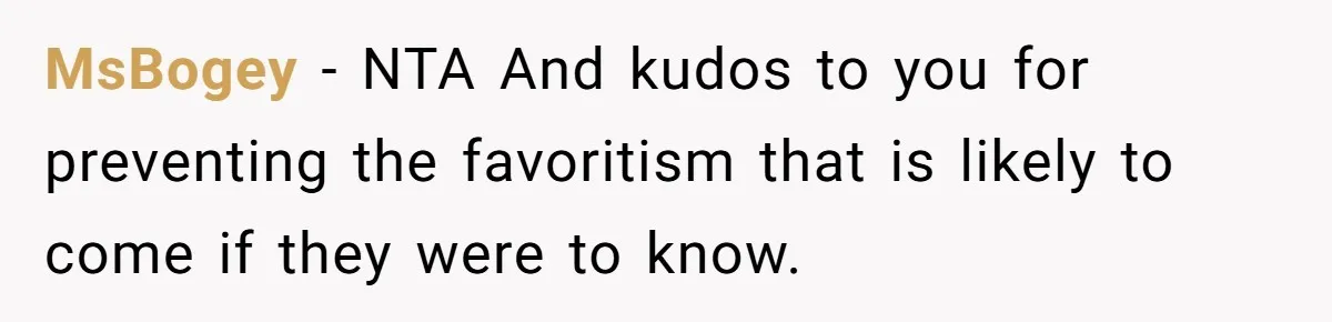 MsBogey − NTA And kudos to you for preventing the favoritism that is likely to come if they were to know.