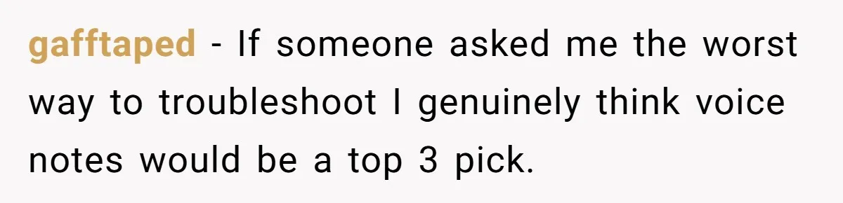 gafftaped − If someone asked me the worst way to troubleshoot I genuinely think voice notes would be a top 3 pick.