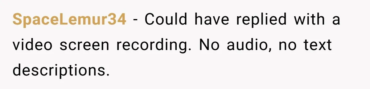 SpaceLemur34 − Could have replied with a video screen recording. No audio, no text descriptions.