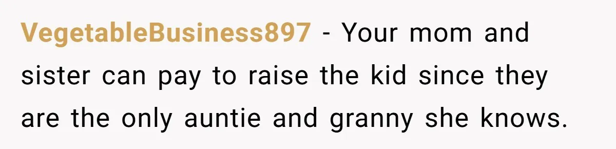 VegetableBusiness897 − Your mom and sister can pay to raise the kid since they are the only auntie and granny she knows.