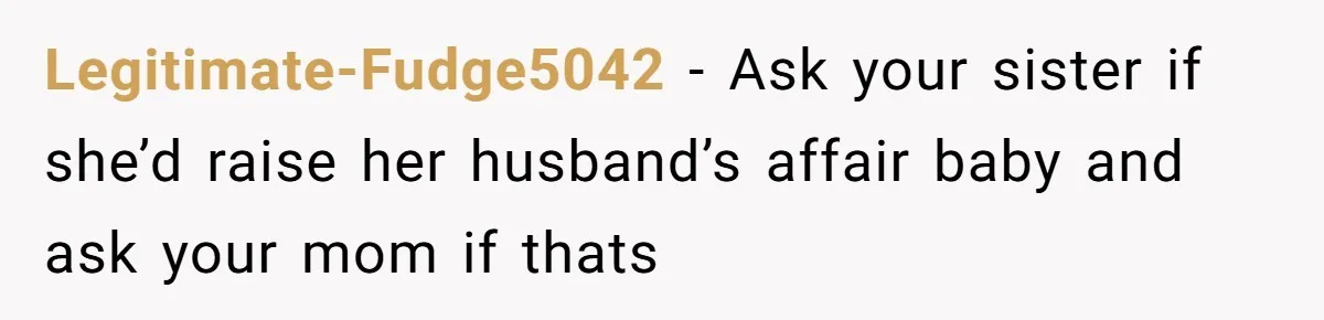 Legitimate-Fudge5042 − Ask your sister if she’d raise her husband’s affair baby and ask your mom if thats