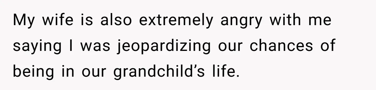 My wife is also extremely angry with me saying I was jeopardizing our chances of being in our grandchild’s life.