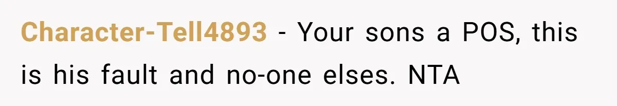 Character-Tell4893 − Your sons a POS, this is his fault and no-one elses. NTA