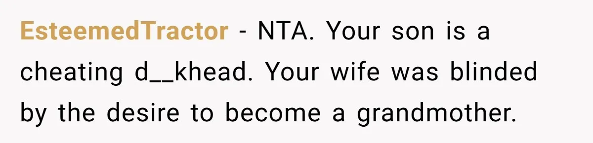 EsteemedTractor − NTA. Your son is a cheating d__khead. Your wife was blinded by the desire to become a grandmother.