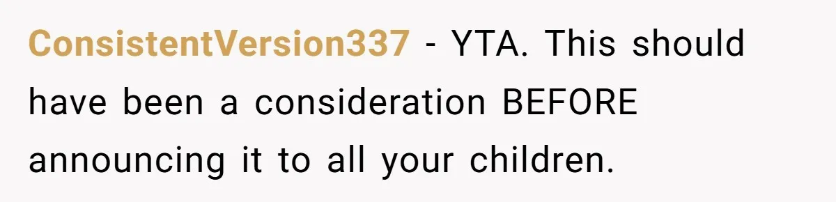 ConsistentVersion337 − YTA. This should have been a consideration BEFORE announcing it to all your children.