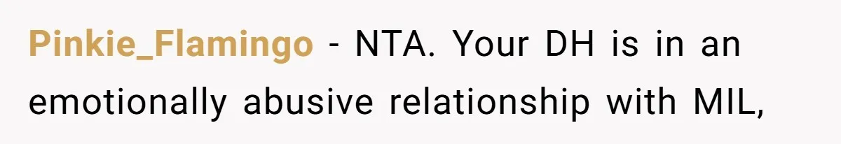 Pinkie_Flamingo − NTA. Your DH is in an emotionally abusive relationship with MIL,