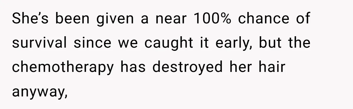 She’s been given a near 100% chance of survival since we caught it early, but the chemotherapy has destroyed her hair anyway,