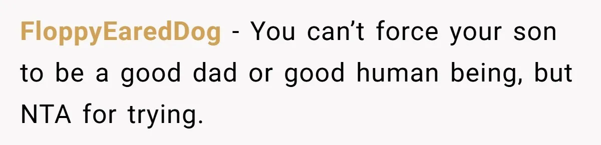FloppyEaredDog − You can’t force your son to be a good dad or good human being, but NTA for trying.