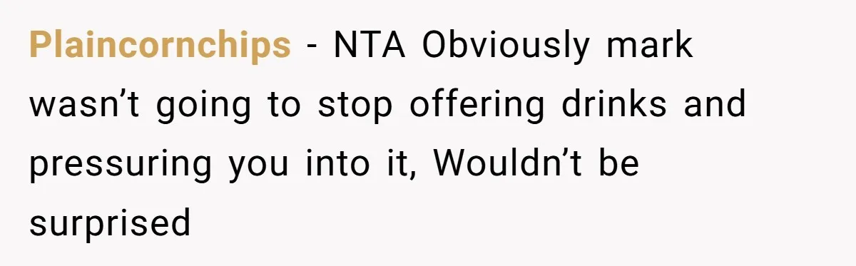 Man Calls Out Party Friend After He Drags His Wife Into Drinking “Jokes” Plaincornchips − NTA Obviously mark wasn’t going to stop offering drinks and pressuring you into it, Wouldn’t be surprised