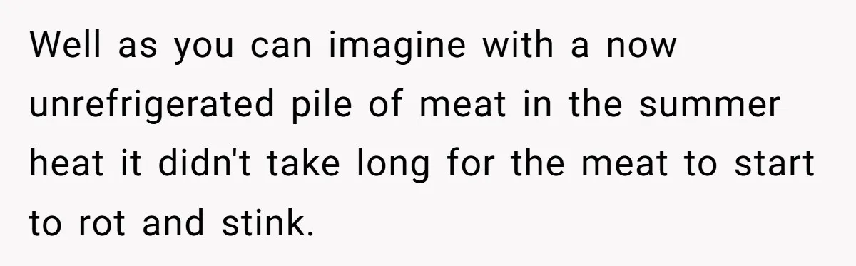 Well as you can imagine with a now unrefrigerated pile of meat in the summer heat it didn't take long for the meat to start to rot and stink.