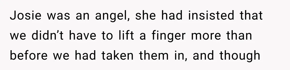 Josie was an angel, she had insisted that we didn’t have to lift a finger more than before we had taken them in, and though