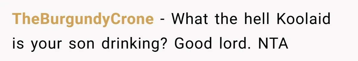 TheBurgundyCrone − What the hell Koolaid is your son drinking? Good lord. NTA