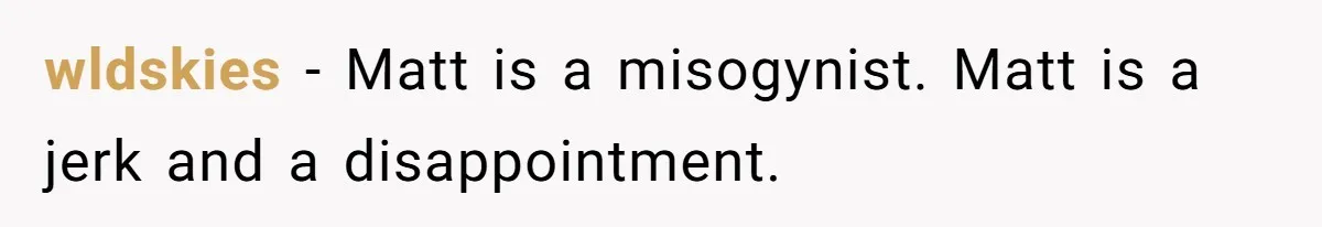 wldskies − Matt is a misogynist. Matt is a jerk and a disappointment.