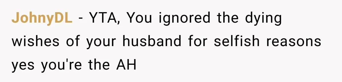 JohnyDL − YTA, You ignored the dying wishes of your husband for selfish reasons yes you're the AH