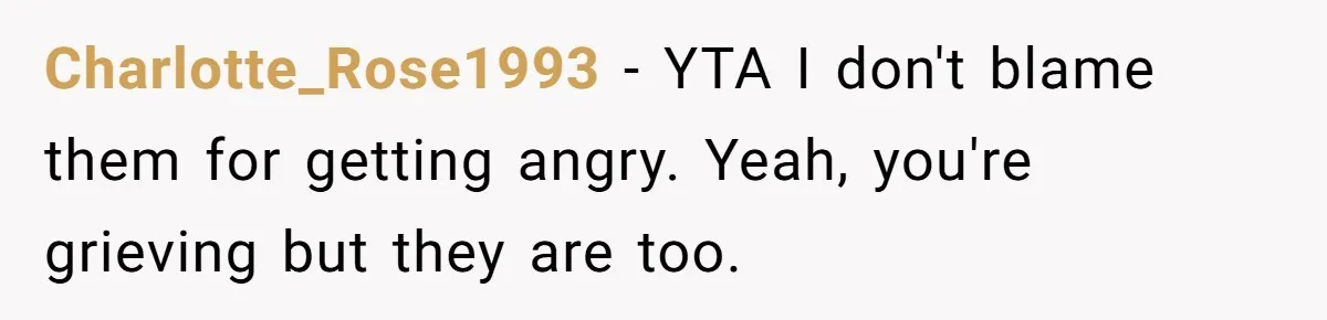 Charlotte_Rose1993 − YTA I don't blame them for getting angry. Yeah, you're grieving but they are too.