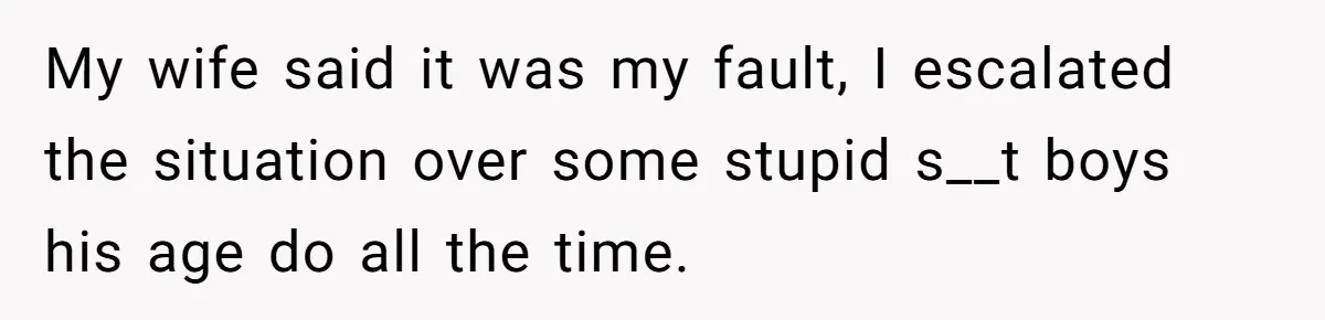My wife said it was my fault, I escalated the situation over some stupid s__t boys his age do all the time.