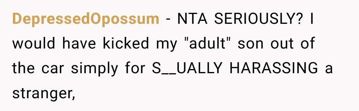 DepressedOpossum − NTA SERIOUSLY? I would have kicked my "adult" son out of the car simply for S__UALLY HARASSING a stranger,