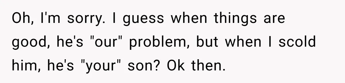 Oh, I'm sorry. I guess when things are good, he's "our" problem, but when I scold him, he's "your" son? Ok then.