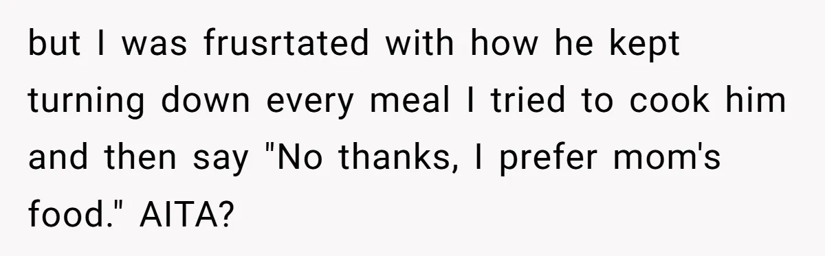 but I was frusrtated with how he kept turning down every meal I tried to cook him and then say "No thanks, I prefer mom's food." AITA?