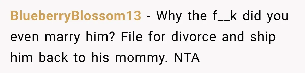 BlueberryBlossom13 − Why the f__k did you even marry him? File for divorce and ship him back to his mommy. NTA
