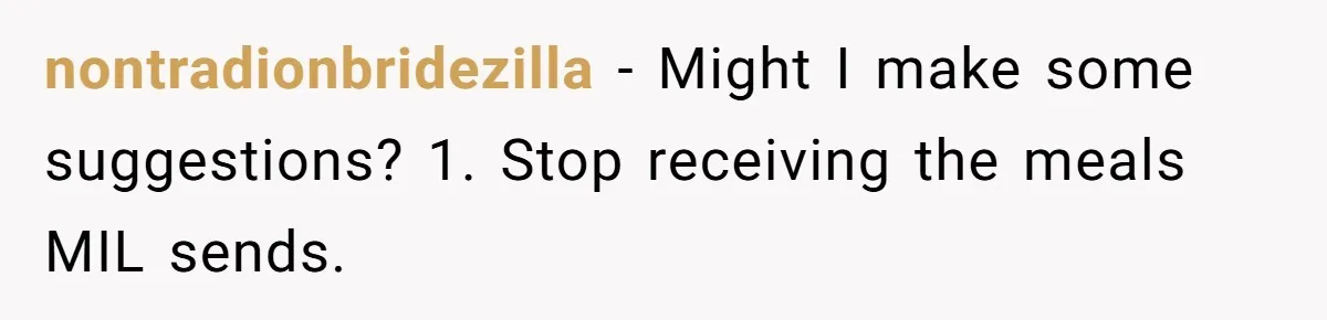 nontradionbridezilla − Might I make some suggestions? 1. Stop receiving the meals MIL sends.