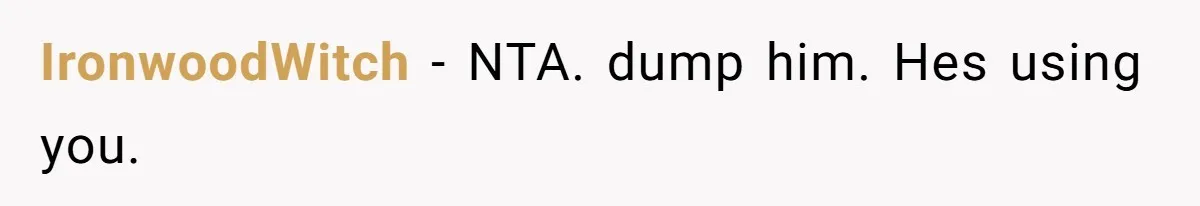 IronwoodWitch − NTA. dump him. Hes using you.