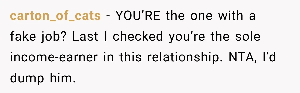 carton_of_cats − YOU’RE the one with a fake job? Last I checked you’re the sole income-earner in this relationship. NTA, I’d dump him.