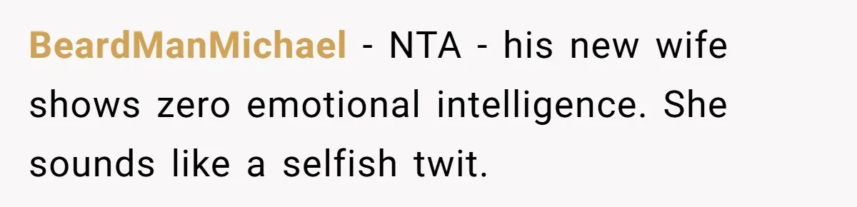 BeardManMichael − NTA - his new wife shows zero emotional intelligence. She sounds like a selfish twit.