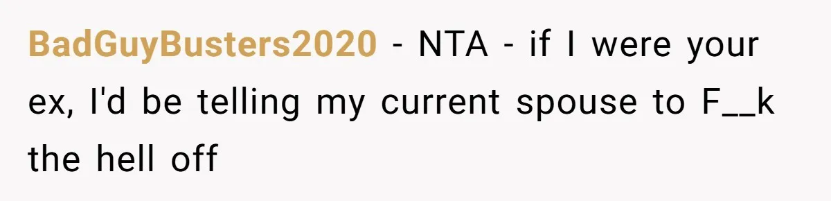 BadGuyBusters2020 − NTA - if I were your ex, I'd be telling my current spouse to F__k the hell off