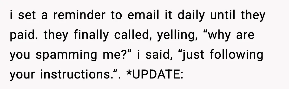 i set a reminder to email it daily until they paid. they finally called, yelling, “why are you spamming me?” i said, “just following your instructions.”. *UPDATE: