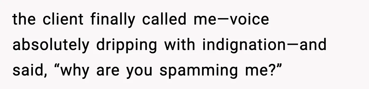 the client finally called me—voice absolutely dripping with indignation—and said, “why are you spamming me?”