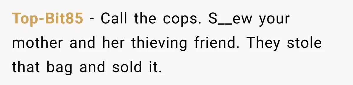 Top-Bit85 − Call the cops. S__ew your mother and her thieving friend. They stole that bag and sold it.