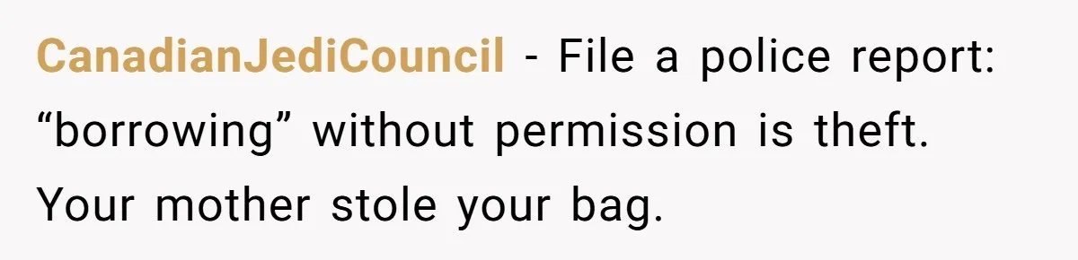 CanadianJediCouncil − File a police report: “borrowing” without permission is theft. Your mother stole your bag.