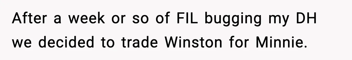 After a week or so of FIL bugging my DH we decided to trade Winston for Minnie.