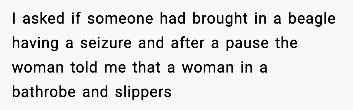 I asked if someone had brought in a beagle having a seizure and after a pause the woman told me that a woman in a bathrobe and slippers