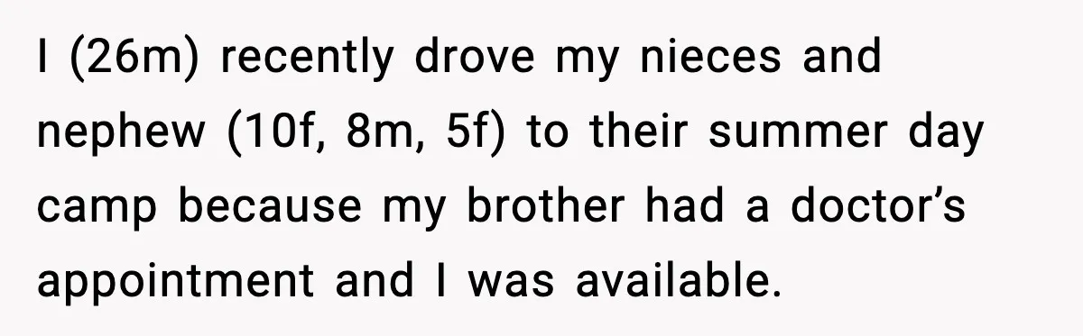 I (26m) recently drove my nieces and nephew (10f, 8m, 5f) to their summer day camp because my brother had a doctor’s appointment and I was available.