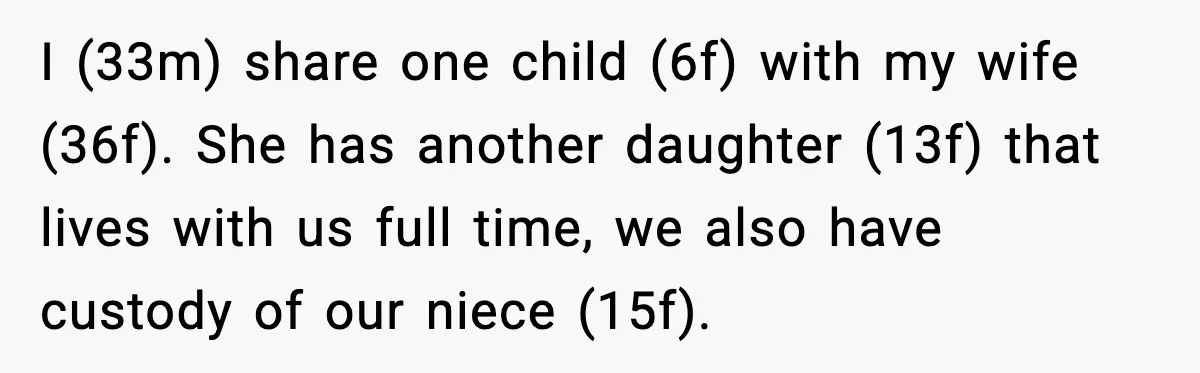 Man Gives His Stay-at-Home Wife a Performance Review and the Internet Loses It I (33m) share one child (6f) with my wife (36f). She has another daughter (13f) that lives with us full time, we also have custody of our niece (15f).