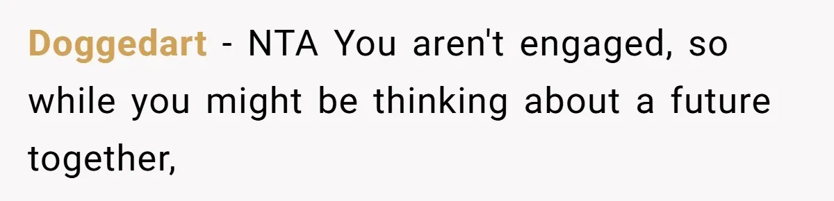 Doggedart − NTA You aren't engaged, so while you might be thinking about a future together,