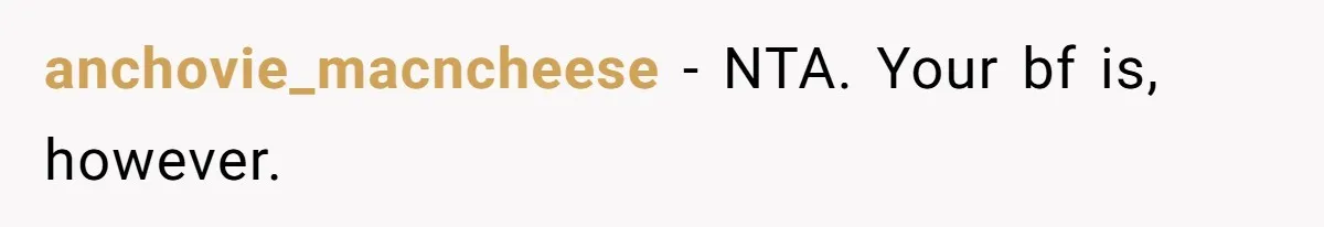 anchovie_macncheese − NTA. Your bf is, however.